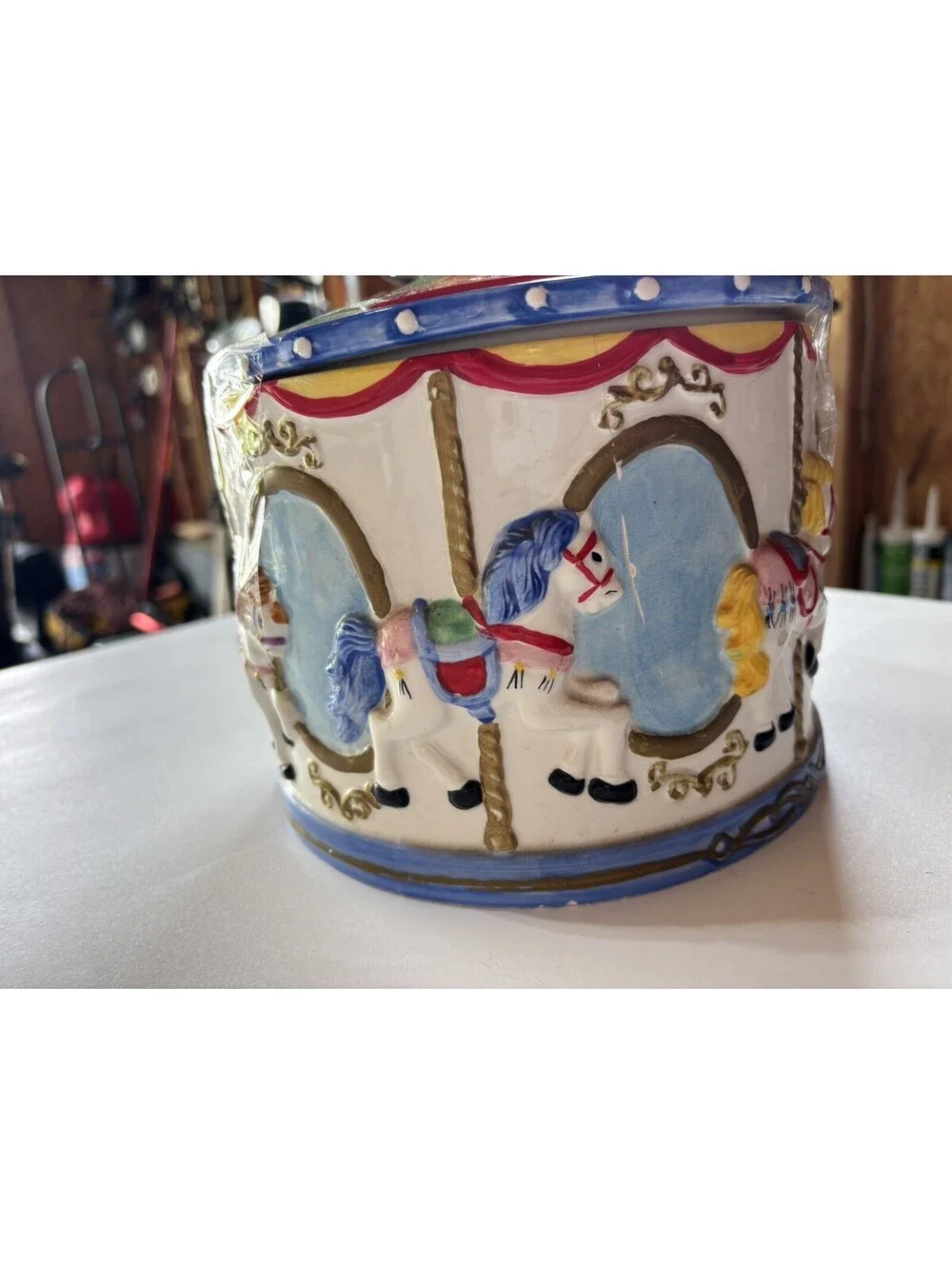 Merry-Go-Round Horse Cookie Jar Storage Container Colorful Ceramic  Circus (M)